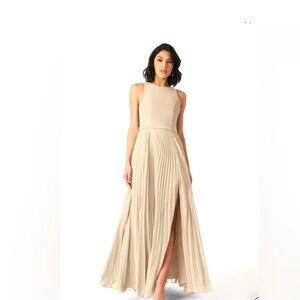 Azazie Cream Pleated Halter Maxi Dress